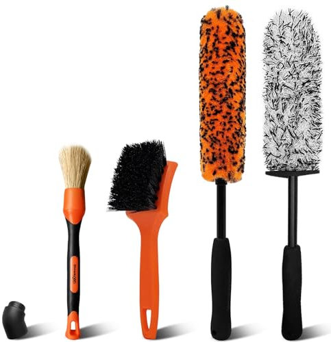 YeewayVeh 4PCS Alloy Wheel Brush Kit, Microfiber Wheel Cleaner Brushes with Boar Hair Detailing Brush, Bendable & Durable Wheels and Tire Brushes Kit for Cleaning Wheels, Tires
