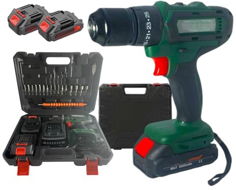 Trapano Avvitatore a Batteria con Percussione Doppia Batteria 68V 5000mAh Mandrino in Metallo da 13mm Doppia Velocità 0-350/0-1200 RPM con Luce LED + Accessori è Valigetta