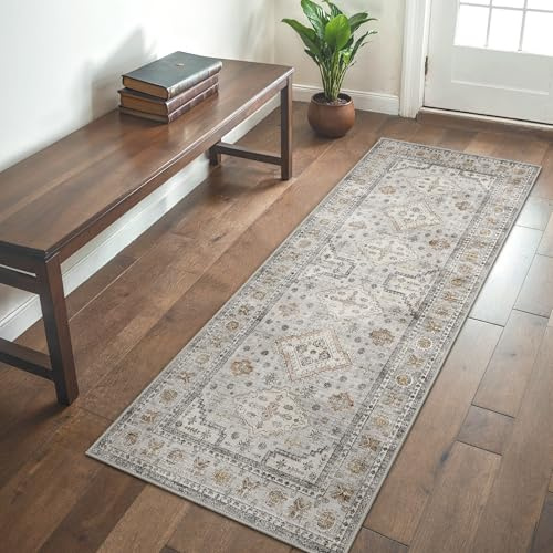 GENIMO Boho Vintage Flur Teppich Läufer, Waschbar & rutschfest, Kurzflor Teppich für Flur, Gang oder Schlafzimmer, Stilvoller Läufer, Elfenbein Grau, 80x200 cm