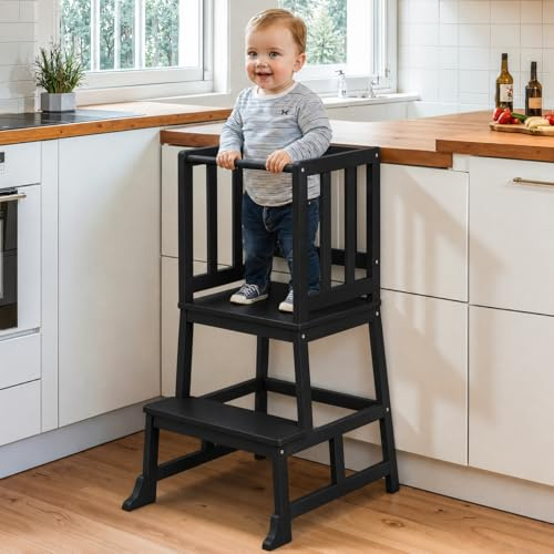 COSYLAND Nursery Step Stool for Kids - Toddler Standing Tower for Kitchen Counter - A Shaped Anti-tip Structure (Black)