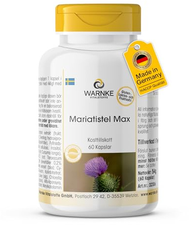 Mariendistelkomplex – 60 kapslar – med kronärtskocka, maskros, gurkmeja, selen, kolin, spirulina, chlorella, ALA och vitamin B12 – HÖGDOSERAD – Tysk apotekskvalitet – vegansk | Warnke Vitalstoffe