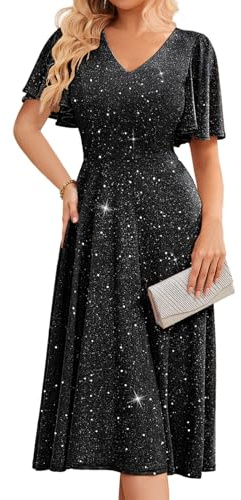 Bridesmay Semi-Formal Wedding Guest Bridesmaid Dresses Sparkly Sequin Cocktail Party Dress Midi Length Glitter Black 2XL