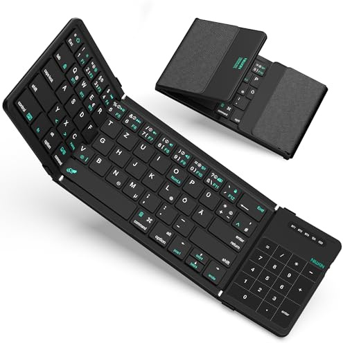 Nillkin Faltbare Bluetooth Tastatur mit Touchpad, Wiederaufladbare QWERTZ-Klapptastatur mit Ziffernblock, Tragbare Mini-Tastatur für iPad, iOS, Android und Windows Laptop & Tablet, Leder-Schwarz
