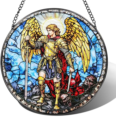 Atrapasueños de vidrieras, adorno de atrapasoles del arcángel Miguel, colgante de vidrieras, decoración de ventana de ángel guerrero, decoración del hogar de Navidad, regalos cristianos, regalos