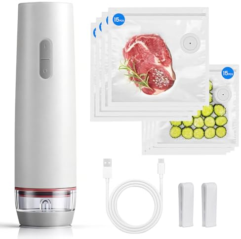 Lnopever Macchina sottovuoto a mano, Macchina Sottovuoto Alimenti Portatile con 30 Sacchetti Riutilizzabil, Piccola macchina sottovuoto per La Cottura sottovuoto e La Conservazione di alimenti