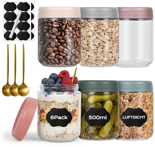 BASVII 6 Totes de Cristal con Tapa Hermética, 502ml Mason Jars, Completo con Cuchara, Etiqueta y Bolígrafo Frascos de Vidrio para Almacenar Alimentos, Tarros para Yogur, Cereales y Conservas