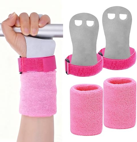 2 Paar Kinder Reckriemchen Turnen, Griffpads Turnhandschuhe Kinder mit Armbändern, Verstellbar Pull Up Grips für k-inder, Griffpads für Crossfit, Bodybuilding, Calisthenics, Gewichte (Rosa)