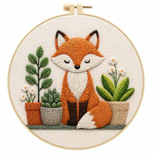 CAYLEKI Fox Embroidery Kit with Bamboo Hoop, Pre-Printed Fabric, 25 x 25 cm