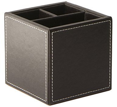 Osco Faux Leather Pen Pot, 3-Section Square Desk Tidy & Pencil Holder, Office Organiser & Makeup Brush Storage, Wipe-Clean Leather Finish, 10×10×10 cm, Brown