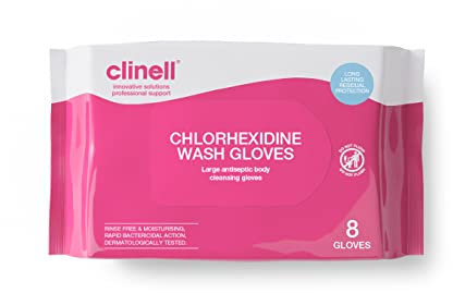 Clinell Chlorhexidine Wash Gloves - Pack of 8 Gloves - Body Wipes, Rinse Free Solution, Kills Bacteria, Dermatologically Tested - for Patients, Elderly & Disabled - Pink
