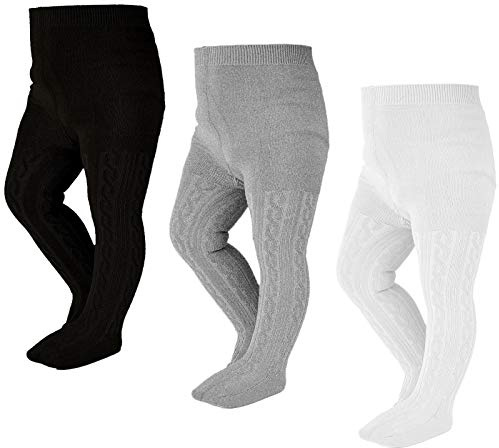 EPEIUS Infant Girl Thick Seamless Cable Knit Tights - Pack of 3, Black/White/Grey, 6-12 Months
