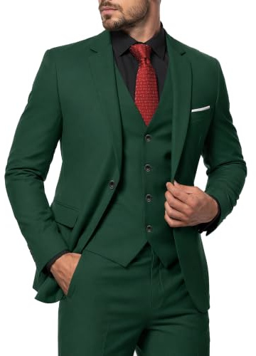 MY'S 3-delat set med slips, en knapp smal passform jacka väst och byxor, fest bröllop bal blazer väst och byxor, Mörkgrön, L
