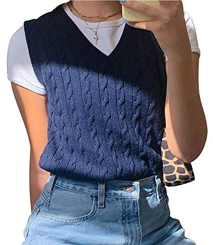Women V Neck Vest Retro Streetwear Sweater Sleeveless Knitted Vest, Treer Ladies Casual Sleeveless Jumper Pullover Autumn Tank Crop Top Knitwear (Blue,M)