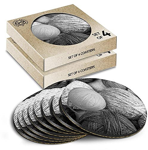 8 x Eco Boxed Cork Coasters - BW - Wool Balls Knitting Knit Drink Cup Mug Glass Table Mat #38534