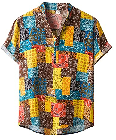 Yowablo Chemisier Homme Été Mode Col Montant Imprimé Coton-Lin Haut à Manches Courtes (L,Jaune-1)
