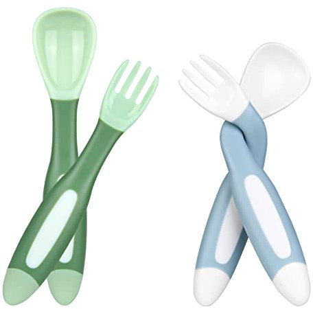 Vicloon Baby Spoon, 2 Set Baby Feeding Spoons,Kinder FüTterung Schulung Einfacher,Griff HitzebestäNdig Biegsamen Weich Perfekte Selbst Fütterung Lernen Löffel (weiß & Grün)