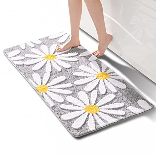 QJHOMO Grau Badezimmerteppich Niedliche Gänseblümchen Badematte rutschfest Waschbar Badteppich Weiße und Gelbe Blume Badvorleger Weiche Duschvorleger Absorbierende Badezimmer Teppich 60x120 cm