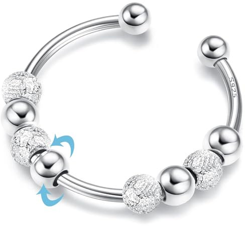wohn&lebe Anxiety Ring Silber 925 Anti Stress Ring, Anxiety Ring Damen Verstellbar, Angst Ring Silber 925 mit Beweglichen Perlen, Spinner Ring Silber 925 Calm Ring Anti Stress Ring Silber 925