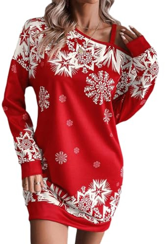 Tomwell Robe De Noel Femme Hiver Sweatshirt Casual Pull Hoodie Impression de Flocons de Neige DéContracté Noël Soirée Fête Cocktail Shirt Robe A Rouge L