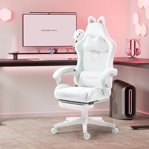 Dowinx Chaise de jeu/d’ordinateur, édition chat mignon blanc, ergonomique, avec dossier haut et soutien lombaire, repose-pieds, en cuir synthétique