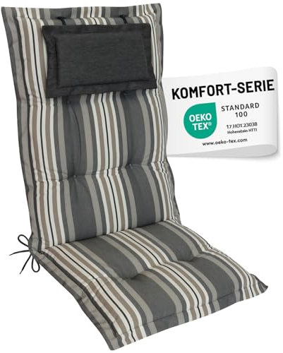 Herlag Hochlehner-Gartenstuhlauflage AVA 123x50x9cm | Extra Dicke Sitzauflage 9 cm mit Kopfpolster | Polsterauflage mit Deluxe-Komfort | Öko Tex 100 | 1 Polster | Gestreift