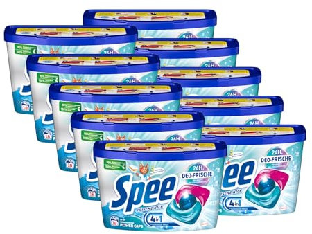 SPEE Power Caps Deo-Frische Kick 10x 18 WL (180 Waschladungen), Vordosiertes Vollwaschmittel Mit 4 + 1 Formel Bekämpft Alltagsgerüche für 24 h, für Temperaturen Von 20° - 95° C