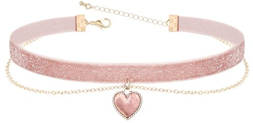 Heveer Samt Halskette Halsband Doppellagige Halskette mit Herz-Anhänger Verstellbare Gothic Choker für Damen Mädchen Rosa