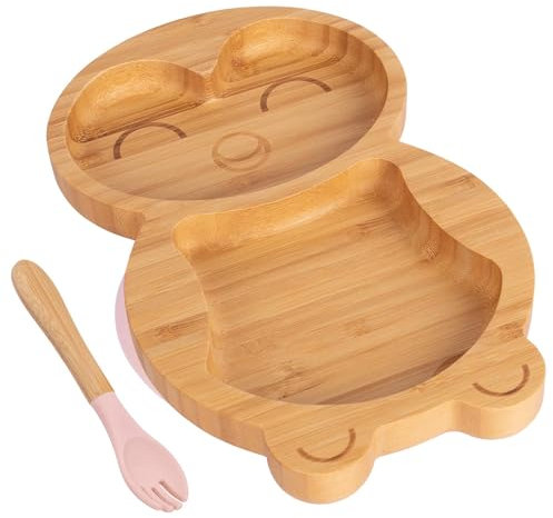 Tiny Dining Babygabel und -teller mit Saugnapf – Pinguin – 2 Stück – Pastellrosa – geteilter, rutschfester Bambus-Selbstfütterungsteller und -besteck für Babys