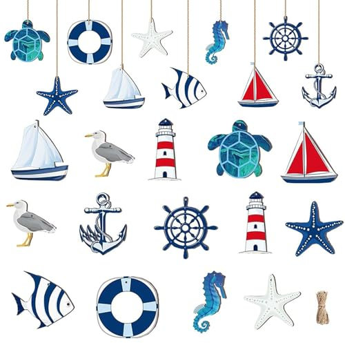 JINJUMEI Lot de 24 pendentifs maritimes décoration nautique, bouée de sauvetage, poisson, phare, gouvernail pour décorations murales sur la plage, motif côtier