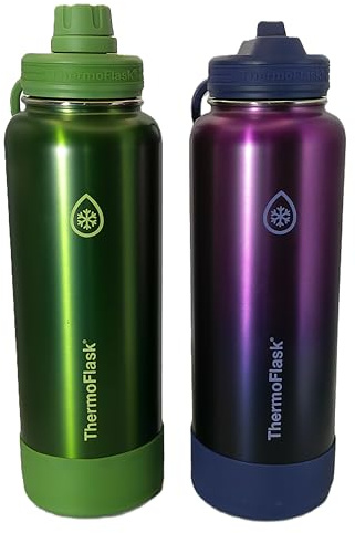 ThermoFlask 40 oz Bottle with Spout and Straw Lid - Stainless Steel, Double-Wall Insulation & BPA-Free - Leakproof, Resuable - Forest Green/Purple Sunset (2 Pack)