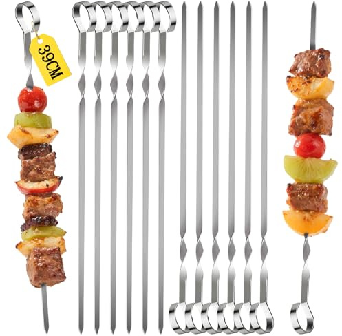 12 Pièces de Brochettes BBQ en Acier Inoxydable, Brochettes BBQ de 39 cm de Long, Réutilisables, pour les Soirées BBQ à l'Extérieur et à l'Intérieur