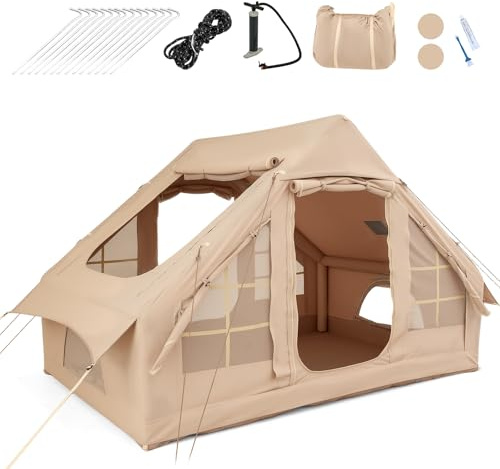 HOMASIS Tenda da Campeggio Gonfiabile per 4-6 Persone, Grande Tenda Impermeabile Esterna con Finestre, Porte, Lucernari, Pompa, Picchetti per il Terreno, Sacca per il Trasporto, Beige