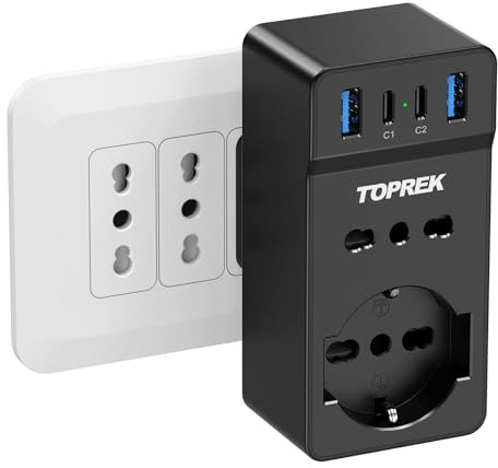 TOPREK Presa Multipla USB Salvaspazio con 4 USB(C1 20W PD3.0), Spina Italiana, 6 in 1 Adattatore Multipresa Elettrica da Muro con 1 Schuko & 1 Prese IT & 2 Type-C & 2 Type-A, 4000W/16A (Nero)