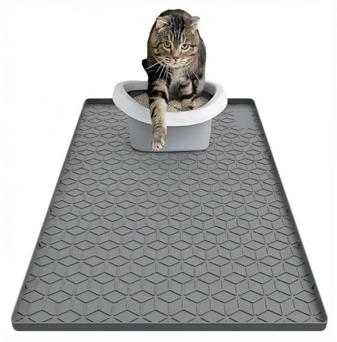 Silicone Cat Litter Mat, Large Cat Litter Tray Mat 86 x 56 CM Cat Litter Trapping Mat, Non-Slip and Waterproof, Raised Edge Easy Clean, Cat Mat for Litter Box (Grey)