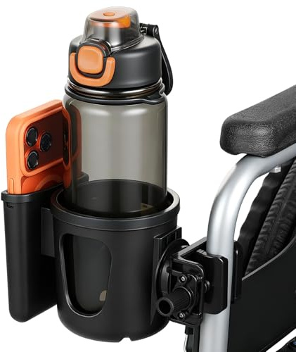 Siegvoll Soporte para bebidas 2 en 1, silla de ruedas con compartimento para teléfono móvil, giratorio 360°, soporte universal para tazas, estable y antideslizante, soporte para botellas para