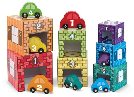 Melissa & Doug Nesting and Sorting Garages and Cars with 7 Graduated Garages and 7 Stackable Wooden Cars - FSC Certified