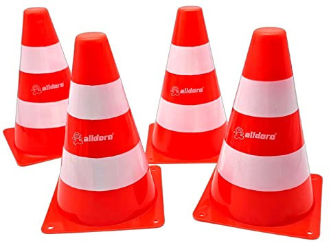 alldoro 60090 Pylonen 4er-Set für Kinder, Verkehrshütchen orange-weiß, 18 cm hoch, stapelbare Leitkegel für Slalom, Sport & Freizeit
