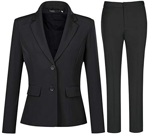 YYNUDA Tailleur 2 pièces Femme Travail Décontracté Bureau Blazer Pantalon Deux Boutons Costumes de Veste Formelle Noir L