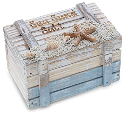 CoTa Global Coastal Wooden Trinket Box - Handcrafted Nautical Keepsake Storage Box, Cute Wood Box with Starfish And Shells Decor, Rustic Wood Decorative Box With Hinged Lid Sea Decor - 4.25 Inches