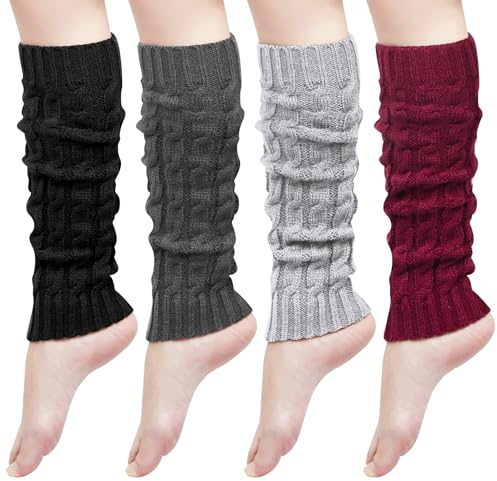 Loritta Womens Leg Warmers Winter Warm Knit Long Boot Socks Slouch Knee High 80s for Party,A2-4 Pairs(black + dark Grey + light Grey + wine red)