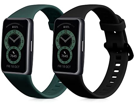 kwmobile 2X Uhrenarmband für Huawei Band 6 Armband - Fitnesstracker Band Set aus TPU Silikon - Ersatzarmband Smartwatch - Schwarz Moosgrün