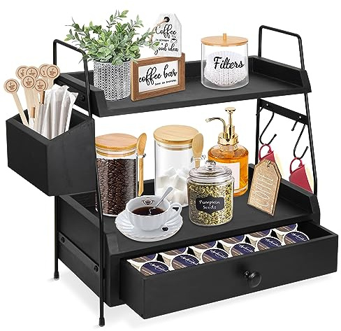 Organizador de estación de café negro con cajón y soporte para filtro de café