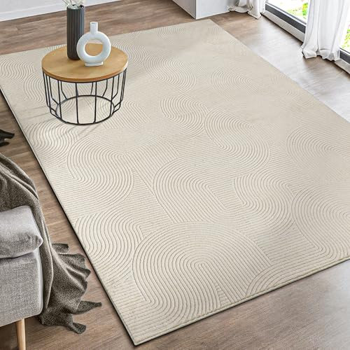 the carpet Rio - moderner und weicher Teppich Wohnzimmer Schlafzimmer mit Anti-Rutsch-Rücken und 3D-Optik, Flauschige Oberfläche, pflegeleicht und robust, Creme, 140 x 200 cm