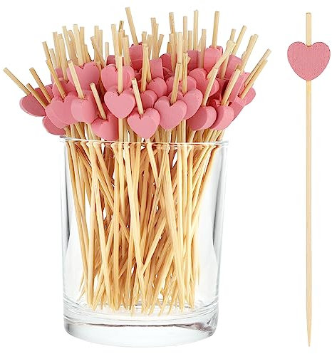 COMNICO 100 stuzzicadenti a forma di cuore, 11,9 cm, rosa, carini, mini spiedini in legno di bambù, colorati, per la decorazione di alimenti, cocktail, antipasti, torte di frutta, dessert, barbecue,