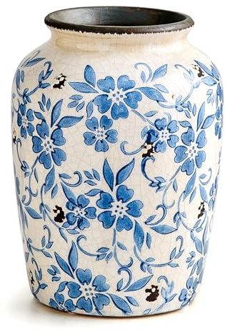 Jarrón de cerámica, porcelana blanca y azul, decoración rústica para el hogar, jarrón de mesa para flores
