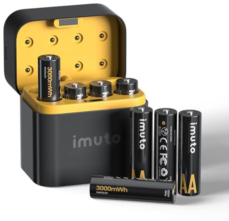 imuto Pilas Recargables AA 1,5 V 3000mWh Batería de Litio Alta Capacidad más de 1600 ciclos con Carga rápida Negra Cargador de Pantalla LED