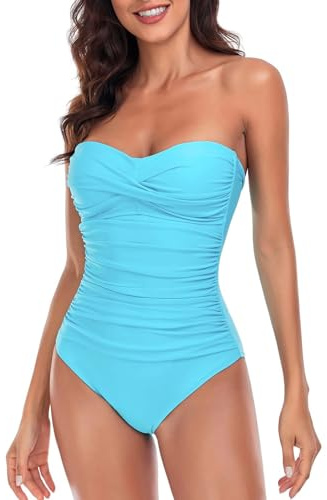 Ocean Blues Costume da bagno intero da donna a fascia, con coppe modellate arricciate e controllo della pancia, blu cielo, XXL