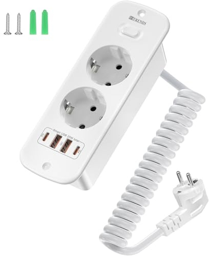 Inbyggt uttag med 4 USB, 2-vägs installation grenuttag med strömbrytare, inbyggt uttag med 2 USB A+2 USB C (PD 20 W), grenuttag med 2 m spiralkabel för bänkskiva möbler, kök, vit