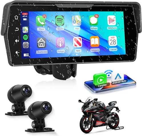 Motorcycle Front+Rear Dash Cam,6.86 inch IPS 1280x480P Touch Screen,1080P Motorcycle Camera DVR,Wireless Carplay&Android Auto,GPS,IP67 Waterproof,120°Wide,Bluetooth5.0,TF,PhoneLink for Motorbike