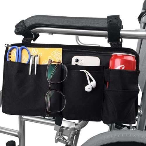 Royitay Wheelchair Side Bag with Cup Holder,Wheelchair Armrest Accessories Storage Pouch for Rollator，Walker，Power Wheelchairs，Nylon Walker Side Bag, Black